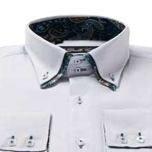 Mens Italian Design White Turquoise Floral Shirt Smart Casual Double Collar Longsleeve