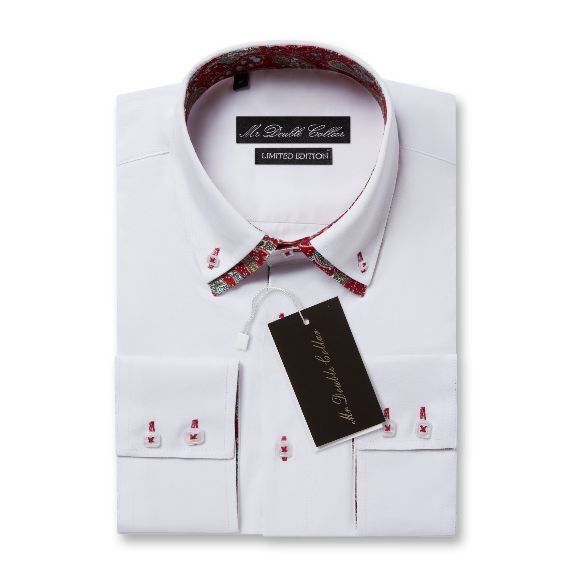 Mens Italian Design White and Bright Red Paisley Collared Shirt Button Down Smart Casual Double Collar Longsleeve