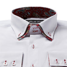 Mens Italian Design White and Red Paisley Shirt Smart Casual Double Collar Longsleeve