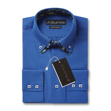 Mens Italian Design Blue Oxford Floral Shirt Smart Casual Double Collar Longsleeve