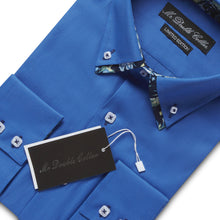 Mens Italian Design Blue Oxford Floral Shirt Smart Casual Double Collar Longsleeve