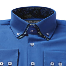 Mens Italian Design Blue Oxford Floral Shirt Smart Casual Double Collar Longsleeve