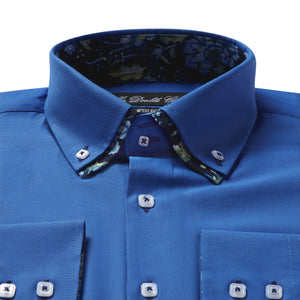 Mens Italian Design Blue Oxford Floral Shirt Smart Casual Double Collar Longsleeve