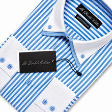 Mens Italian Design Baby Blue Pinstripe Smart Casual Double Collar Longsleeve