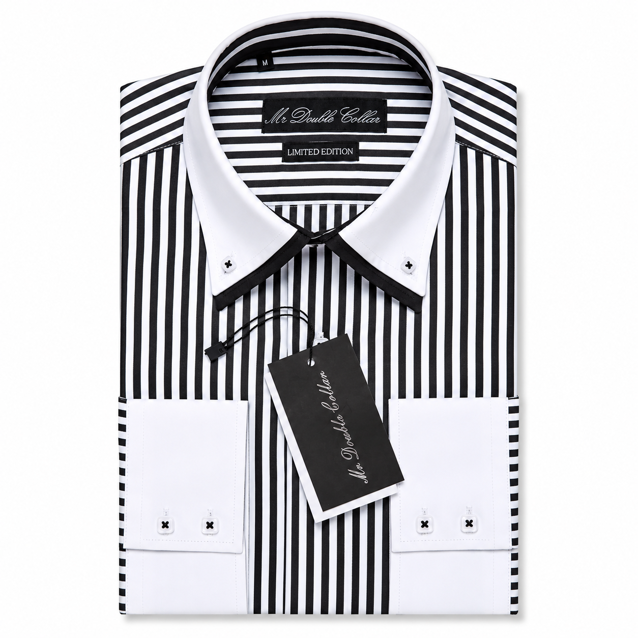 Mens Italian Design Black & White Pinstripe Contrast Shirt with White Collar and Cuffs Smart Casual Double Collar Button Down Shirt