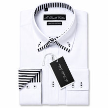 Mens Italian Design White with Striped Collar Shirt Smart Casual Double Collar Longsleeve