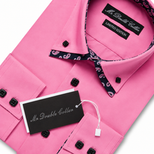 Mens Italian Design Pink Shirt with Navy Paisley Printed Contrast Collar Smart Casual Double Collar Button Down Shirt