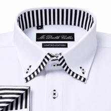 Mens Italian Design White with Striped Collar Shirt Smart Casual Double Collar Longsleeve