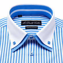 Mens Italian Design Baby Blue Pinstripe Smart Casual Double Collar Longsleeve