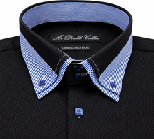 Mens Italian Black with Blue Double Collar Shirt Smart Casual Longsleeve