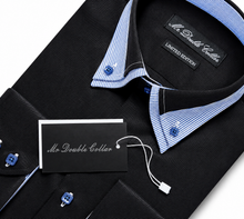 Mens Italian Black with Blue Double Collar Shirt Smart Casual Longsleeve
