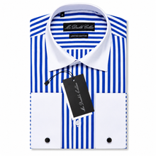 Mens Italian Design Blue Stripe Classic Fit Contrast Collar Formal Shirt With White Collar & Double Cuffs