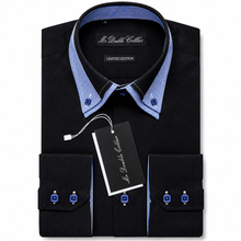 Mens Italian Black with Blue Double Collar Shirt Smart Casual Longsleeve