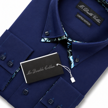 Mens Italian Dark Navy Floral Shirt Smart Casual Double Collar Longsleeve