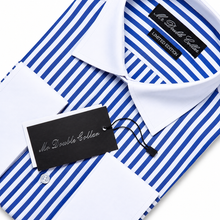 Mens Italian Design Blue Stripe Classic Fit Contrast Collar Formal Shirt With White Collar & Double Cuffs