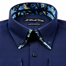 Mens Italian Dark Navy Floral Shirt Smart Casual Double Collar Longsleeve