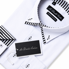 Mens Italian Design White with Striped Collar Shirt Smart Casual Double Collar Longsleeve
