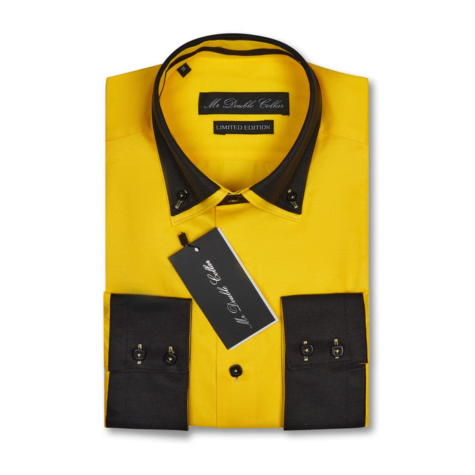 Mens Italian Design Yellow & Black Smart Casual Double Collar Longsleeve Shirt