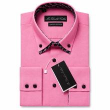 Mens Italian Design Pink Shirt with Navy Paisley Printed Contrast Collar Smart Casual Double Collar Button Down Shirt
