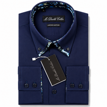 Mens Italian Dark Navy Floral Shirt Smart Casual Double Collar Longsleeve