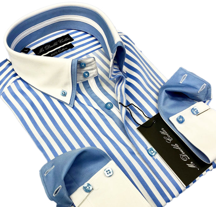 Mens Italian Design Sky Blue Smart Casual Double Collar Long-sleeve