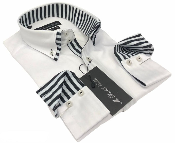 Mens Italian Design White with Striped Collar Shirt Smart Casual Double Collar Longsleeve
