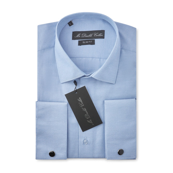 Mens Italian Double Cuff Formal Oxford Blue Shirt Slim Fit Include Metal Cufflinks Long Sleeve