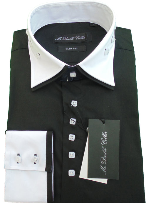 Mens Italian Design Black Floral Shirt Smart Casual Double Collar Longsleeve