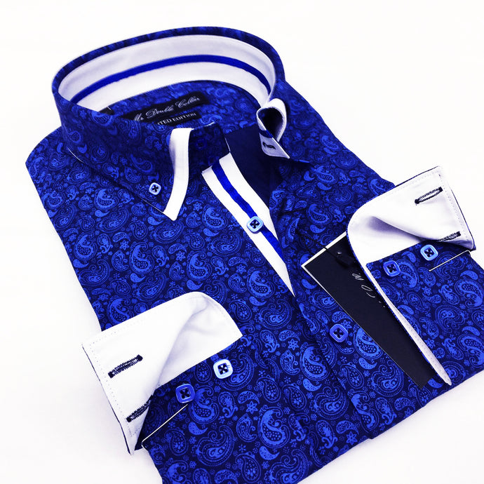 Mens Striking Blue Paisley Shirt Smart Casual Double Collar Longsleeve