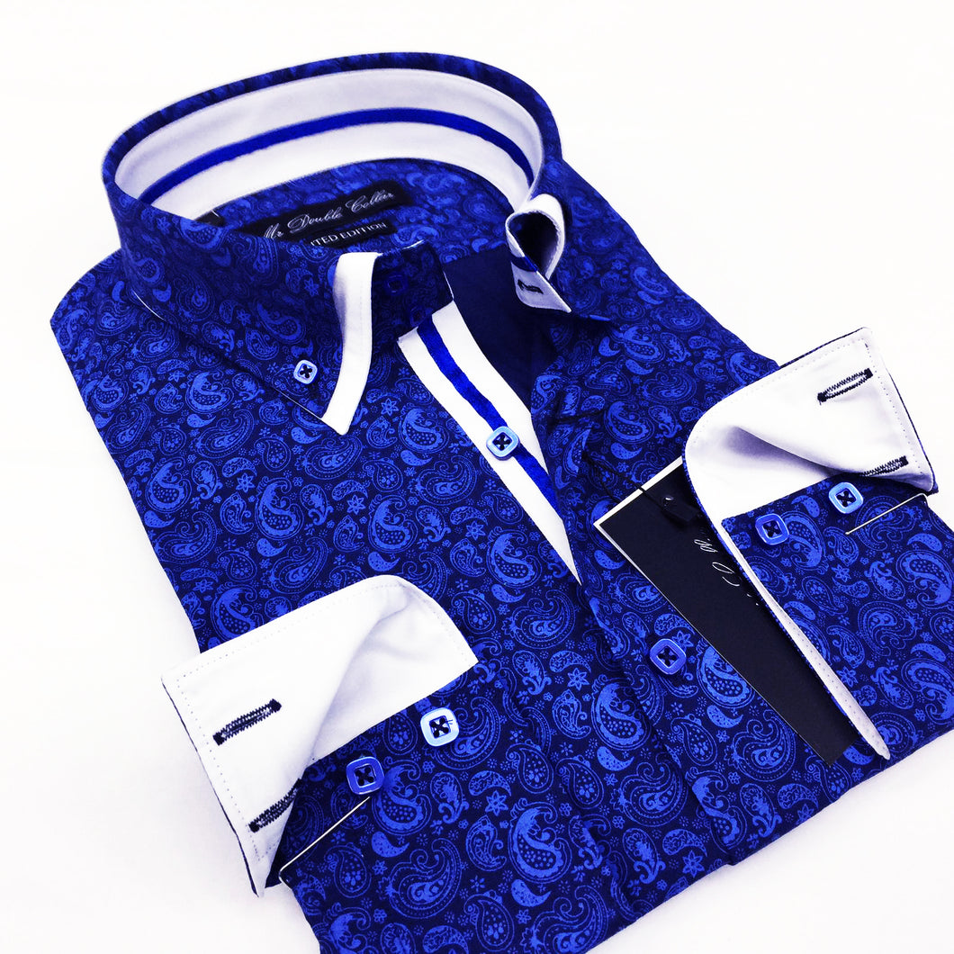 Mens Striking Blue Paisley Shirt Smart Casual Double Collar Longsleeve