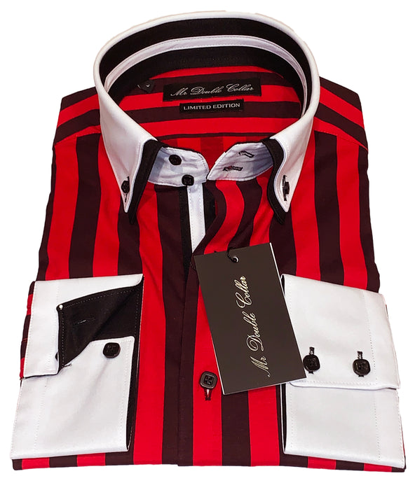 Mens Striking Red & Black Pinstripe Shirt Smart Casual Double Collar Longsleeve