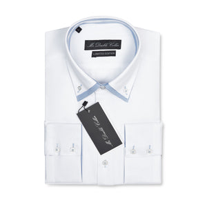 Mens Italian Design White with Blue Checkered Shirt Smart Casual Double Collar Longsleeve