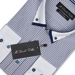Mens Italian Navy Blue Pinstripe Smart Casual Double Collar Longsleeve