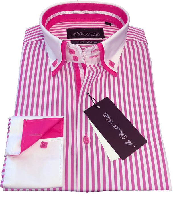 Mens Striking Pink & White Pinstripe Shirt Smart Casual Double Collar Longsleeve