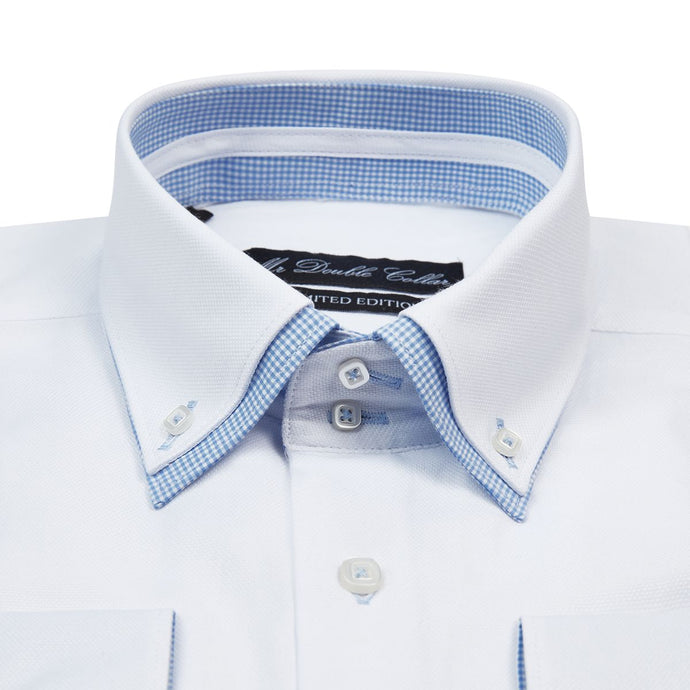 Mens Italian Design White with Blue Checkered Shirt Smart Casual Double Collar Longsleeve
