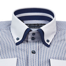 Mens Italian Navy Blue Pinstripe Smart Casual Double Collar Longsleeve
