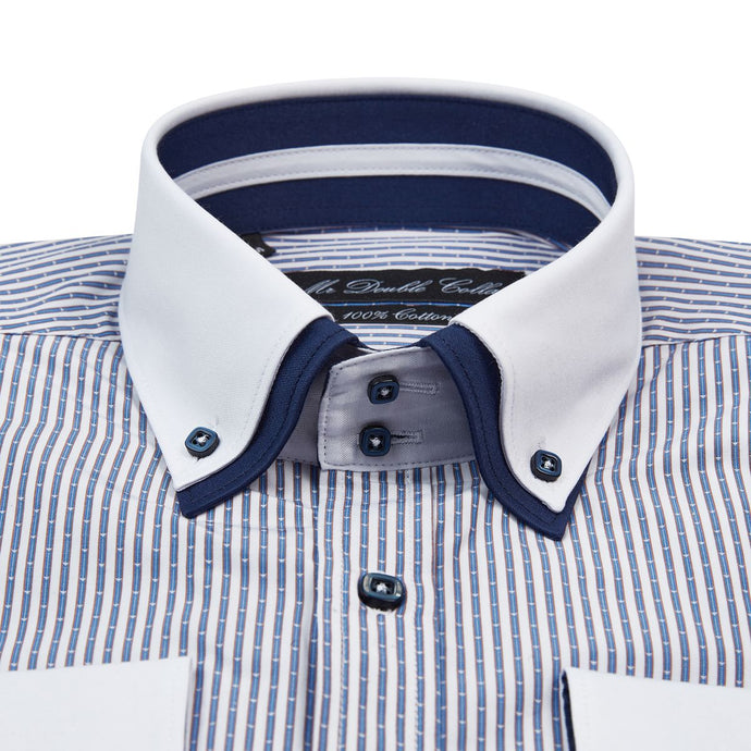 Mens Italian Navy Blue Pinstripe Smart Casual Double Collar Longsleeve