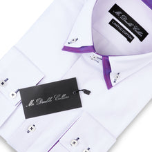 Mens Italian Design White with Purple Collar Shirt Smart Casual Double Collar Long-sleeve
