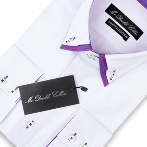 Mens Italian Design White with Purple Collar Shirt Smart Casual Double Collar Long-sleeve