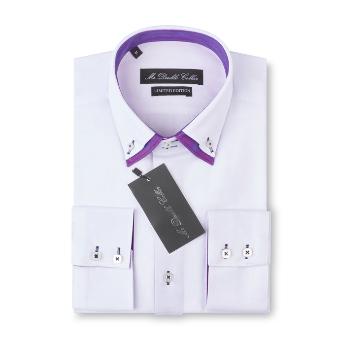Mens Italian Design White with Purple Collar Shirt Smart Casual Double Collar Long-sleeve