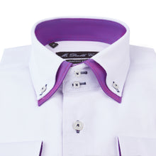 Mens Italian Design White with Purple Collar Shirt Smart Casual Double Collar Long-sleeve