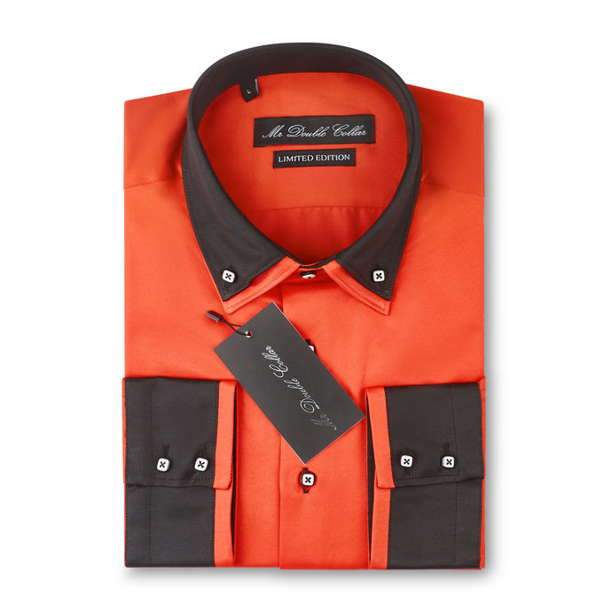 Mens Italian Orange & Black Smart Casual Double Collar Longsleeve