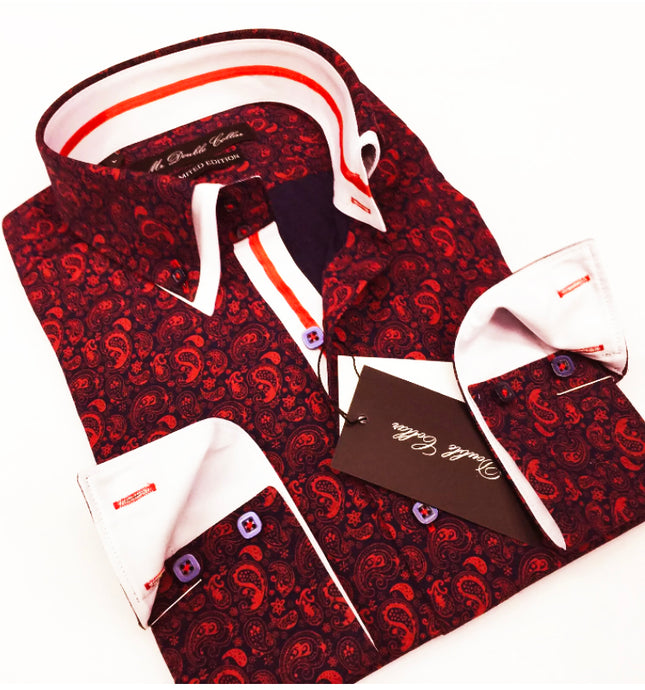 Mens Striking Red Paisley Shirt Smart Casual Double Collar Longsleeve