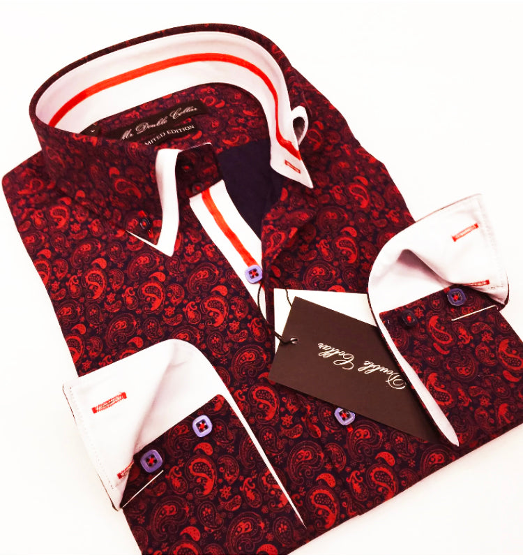 Mens Striking Red Paisley Shirt Smart Casual Double Collar Longsleeve