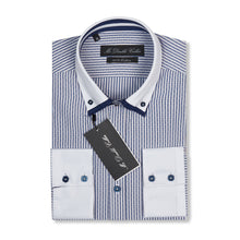 Mens Italian Navy Blue Pinstripe Smart Casual Double Collar Longsleeve