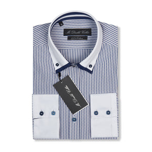 Mens Italian Navy Blue Pinstripe Smart Casual Double Collar Longsleeve