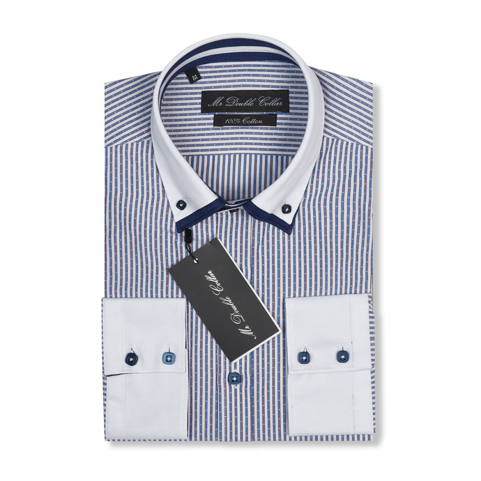 Mens Italian Navy Blue Pinstripe Smart Casual Double Collar Longsleeve