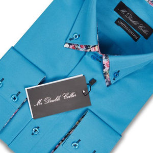Mens Italian Summer Blue Floral Shirt Smart Casual Double Collar Longsleeve