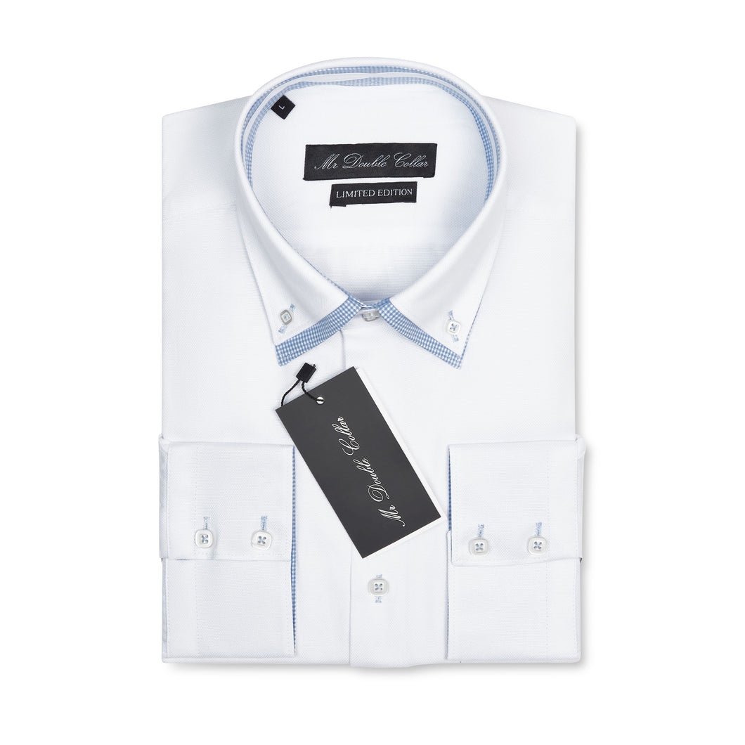 Mens Italian Design White with Blue Checks Shirt Smart Casual Double Collar Long sleeve