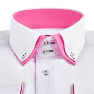 Mens Italian Design White with Pink Collar Shirt Smart Casual Double Collar Long-sleeve